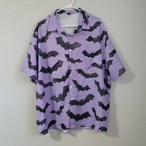 Purple Bat Print Short Sleeve Button Up
